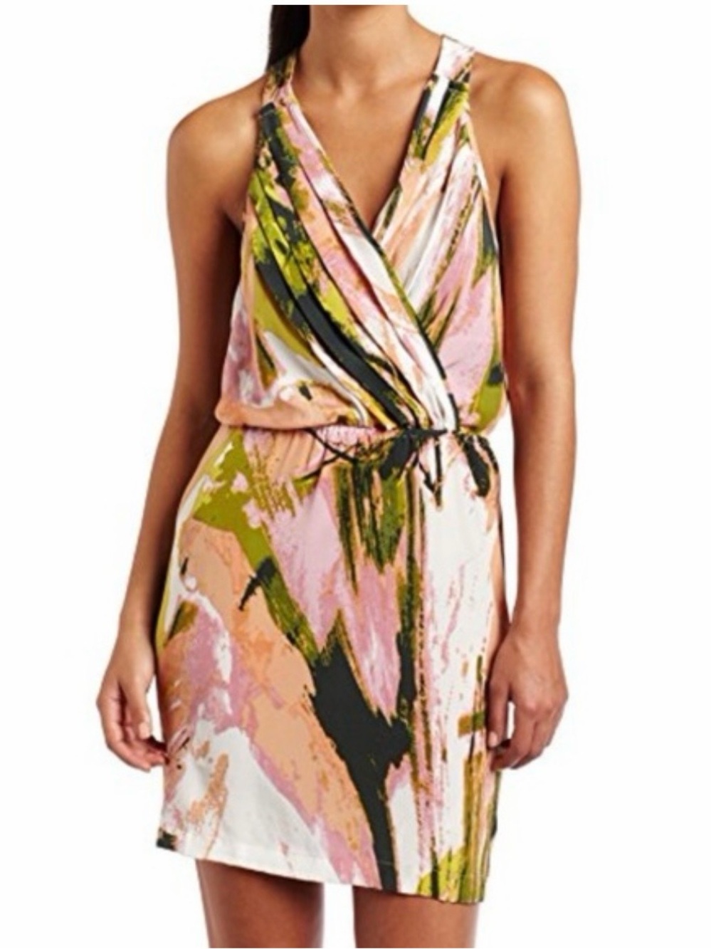 Charlie Jade Sleeveless Abstract Print Wrap Dress - Pink & Olive